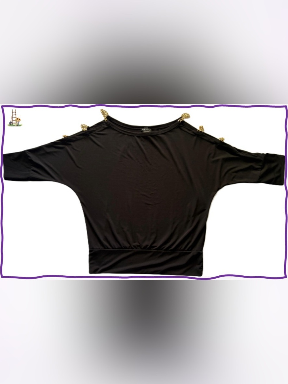 VENUS Women’s Black Batwing Top with Gold Button Accents